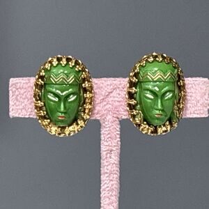 Vintage Mask Clip On Earrings Signed Germany Green Princess Face